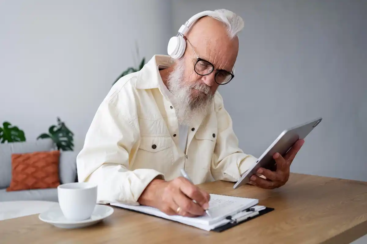 senior holding tablet upside down home table