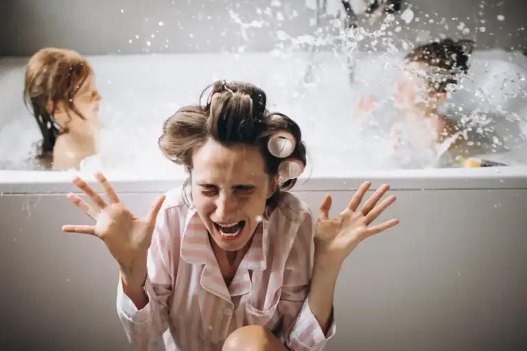 Dutch woman washing hair only twice a week home bathroom candid