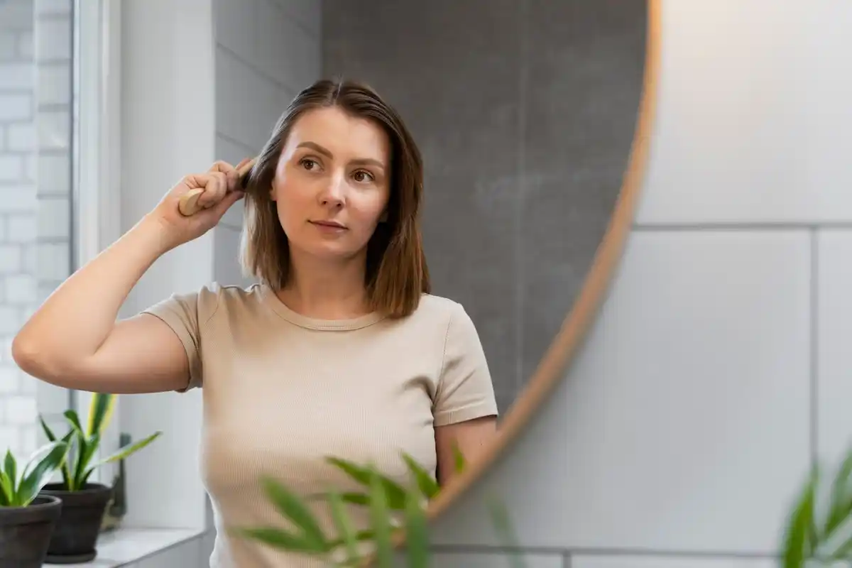 Dutch woman with wet hair looking at mirror home
