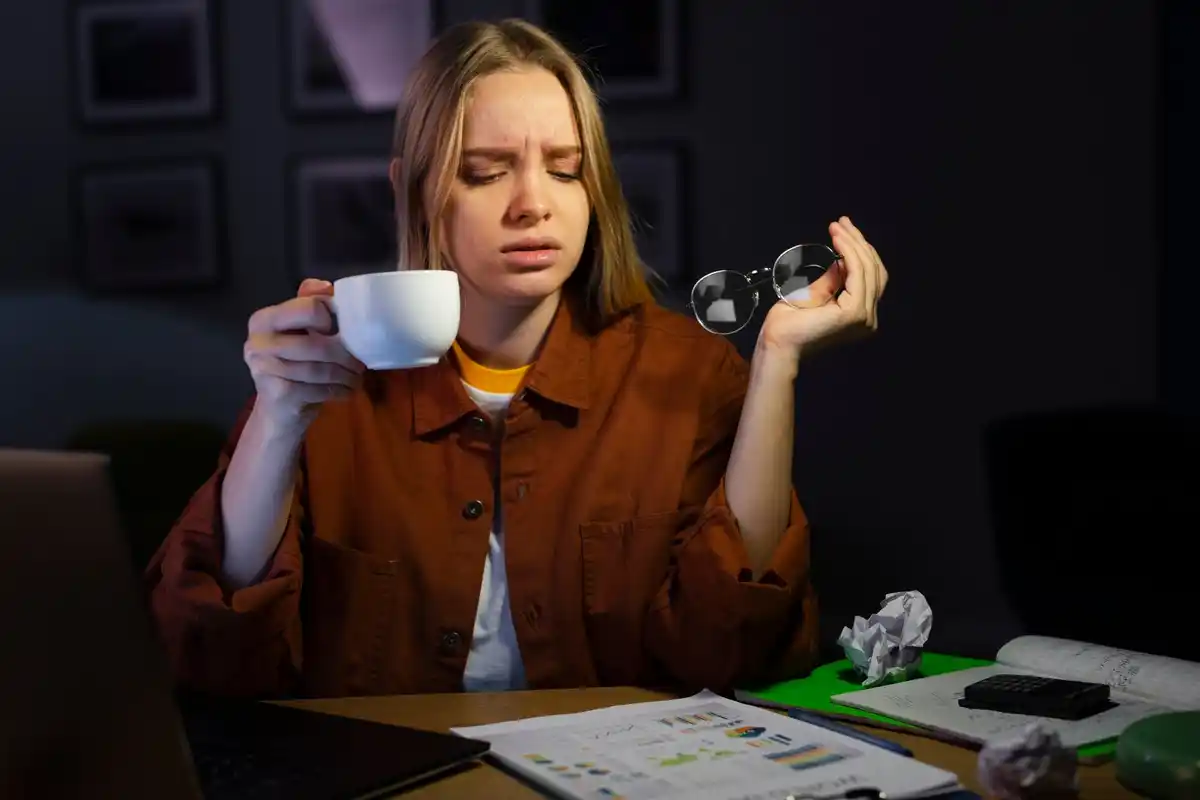 stressed businesswoman taking a break in Dutch office