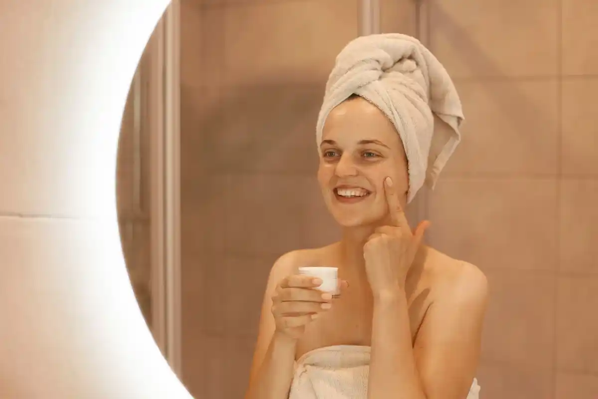 Night skincare routine Netherlands woman bathroom real life