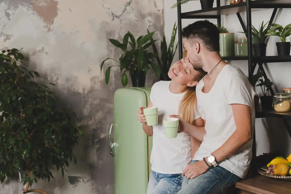 happy Dutch couple at home everyday life