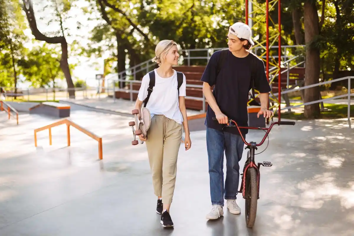 Dutch active seniors riding bikes in park