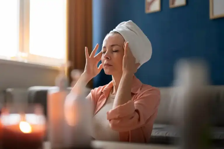 korean woman facial massage natural light home routine