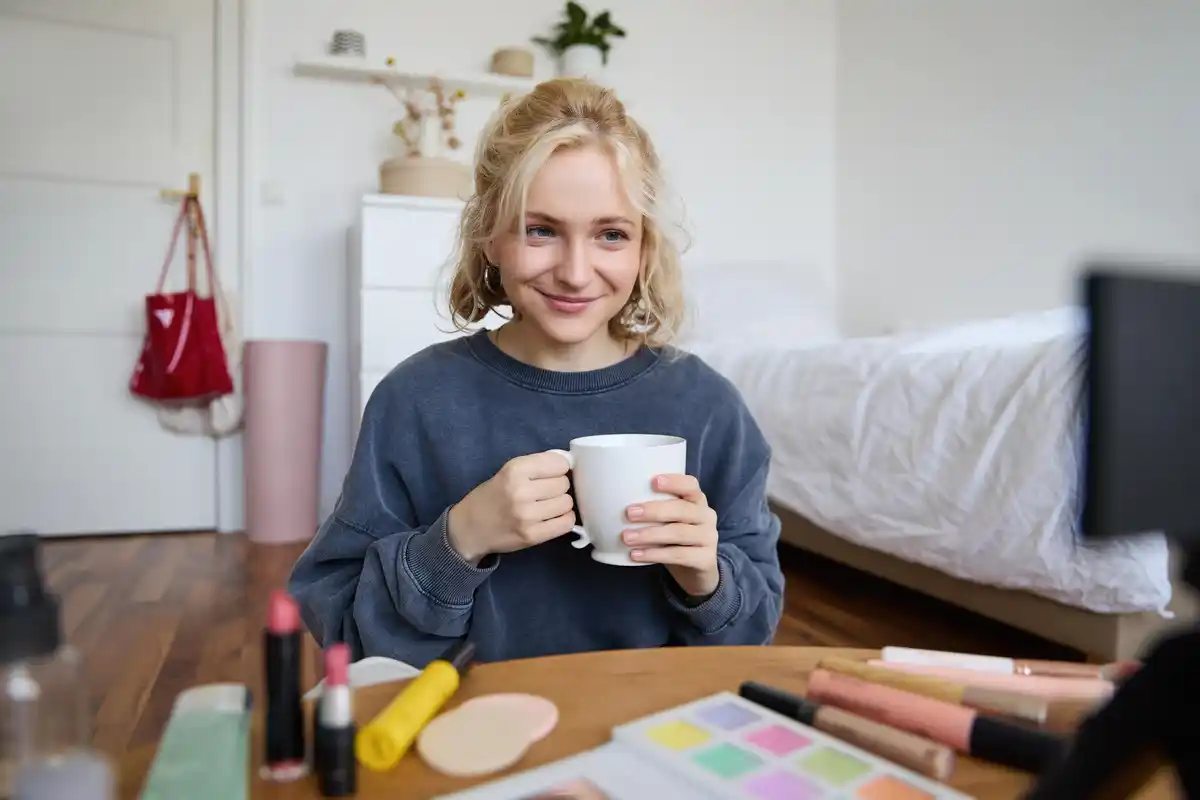 student drinking coffee at desk focus study