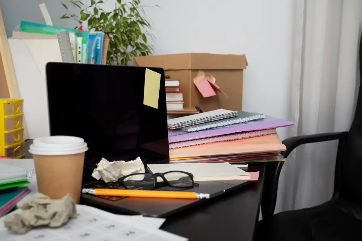 cluttered desk with one standout object