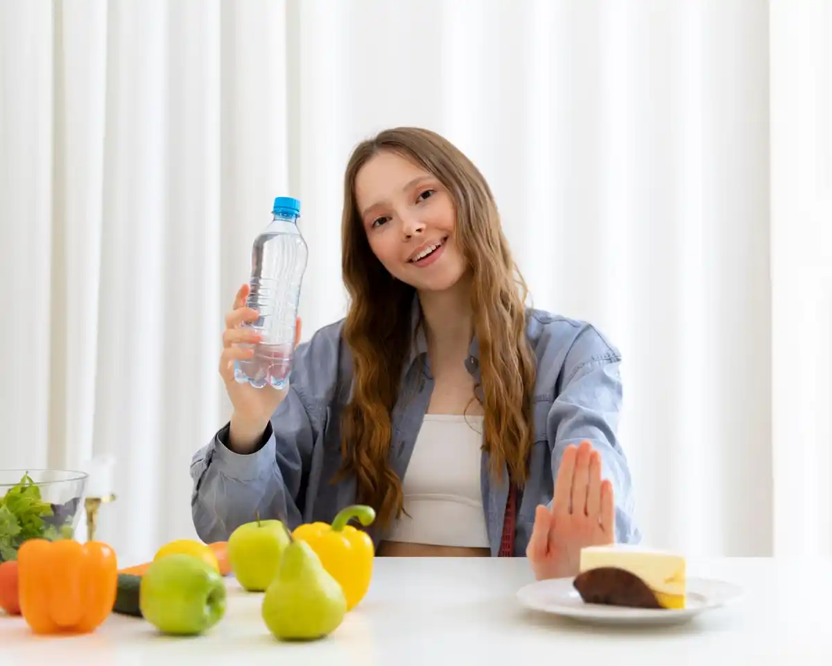 water bottle on dutch office desk with healthy snack