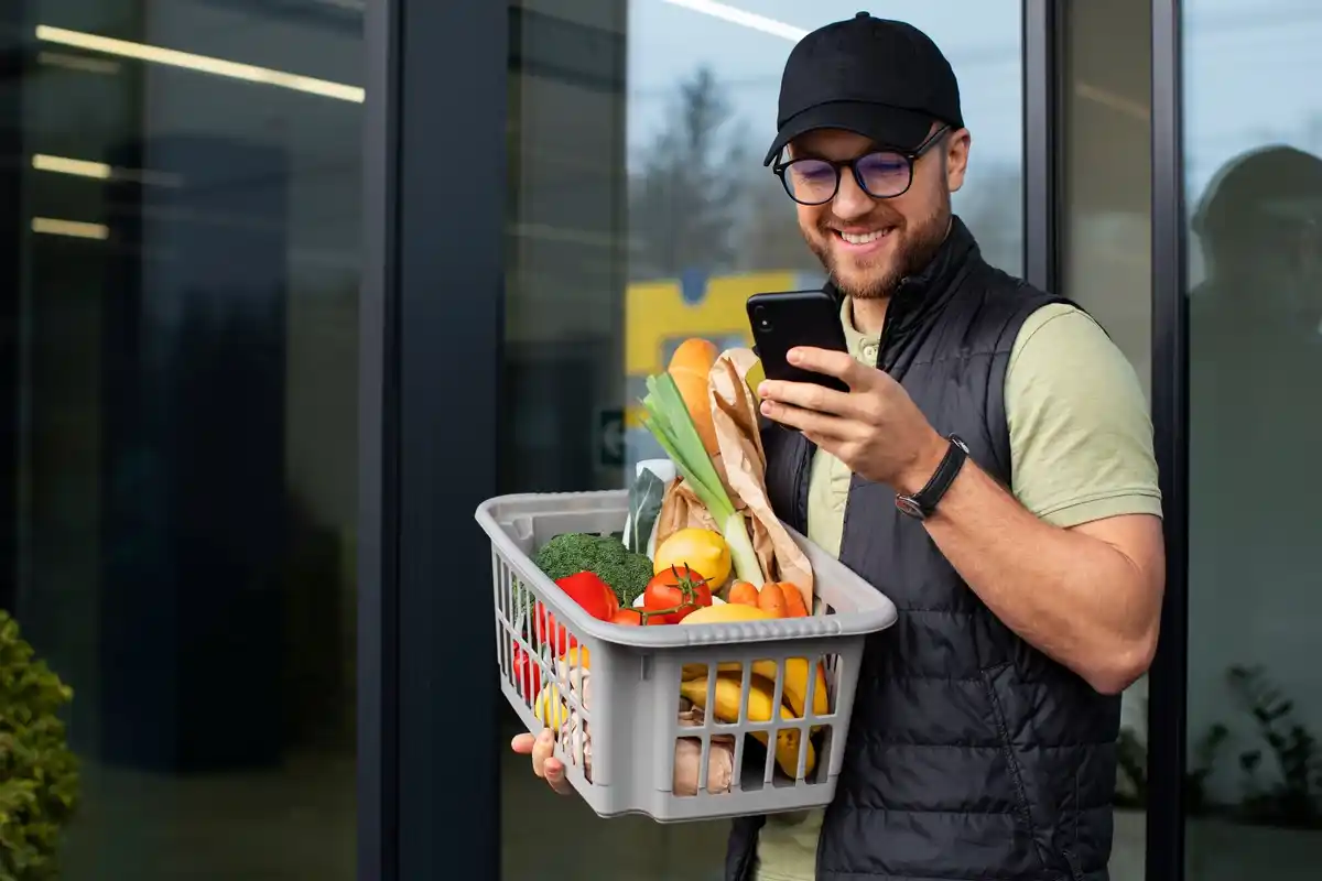 dutch man paying with phone supermarket