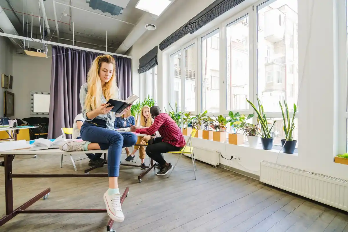 Dutch university room with study desk and green indoor plants
