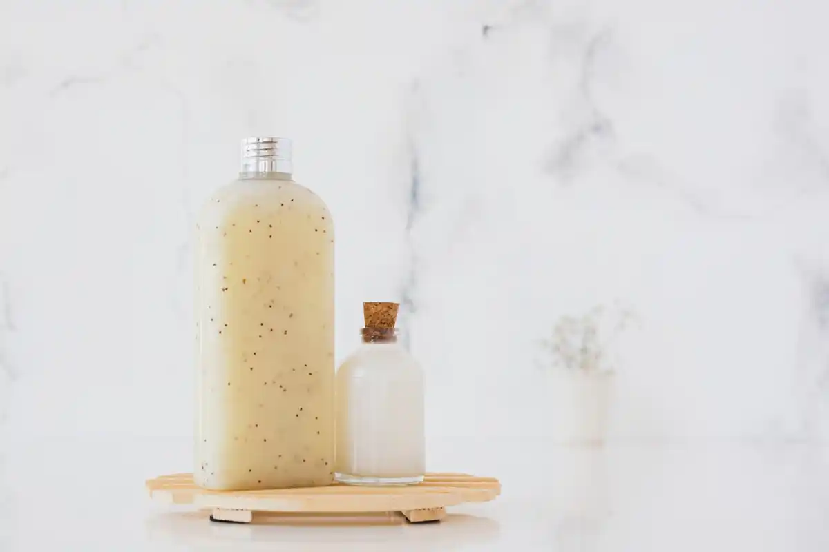 Gentle milk cleanser minimalistic product on Dutch bathroom background