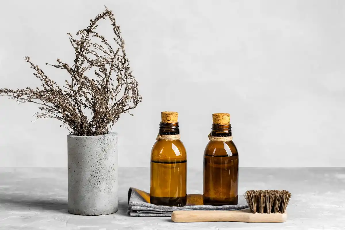 almond oil bottle on Dutch bathroom shelf