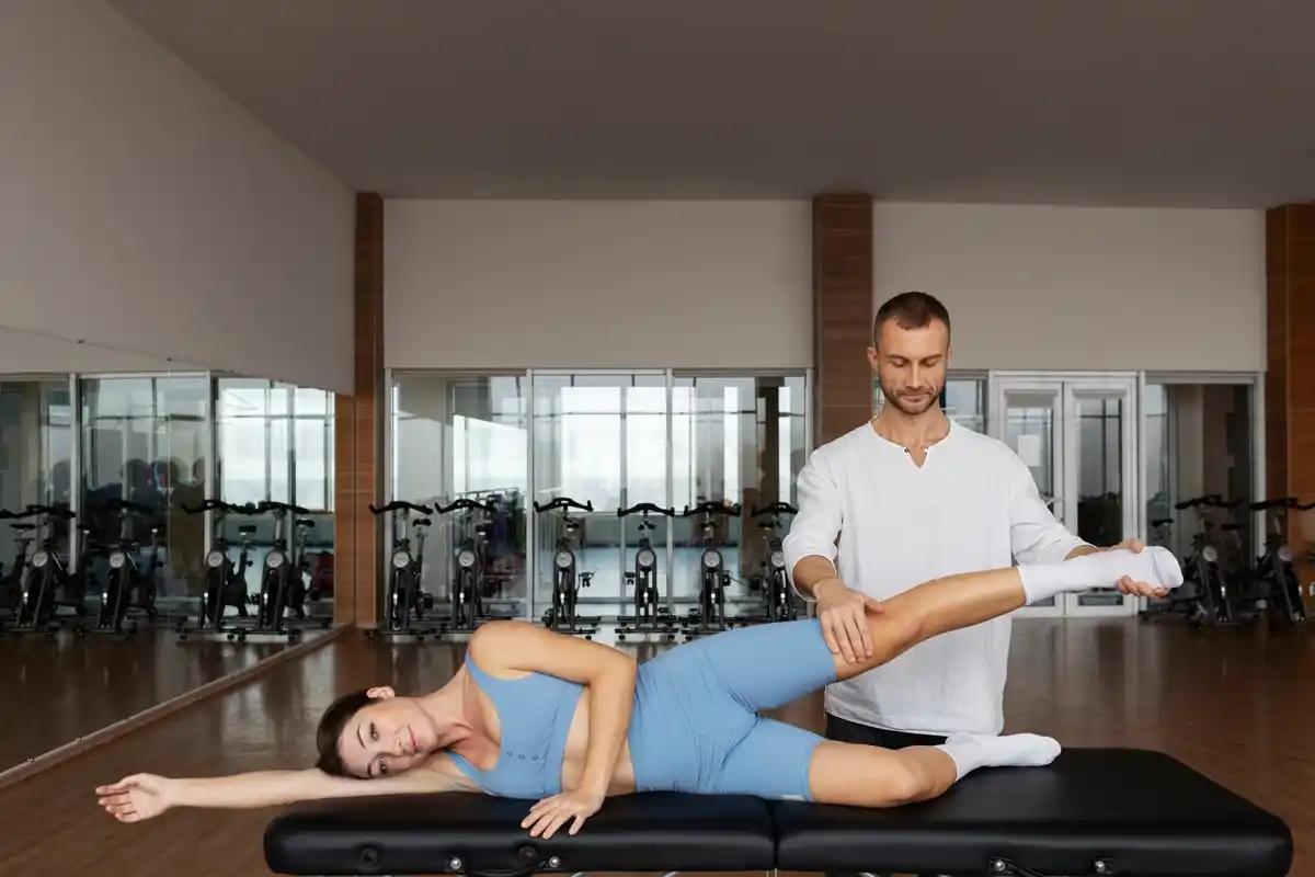 Physiotherapist helping athlete stretch in Dutch gym