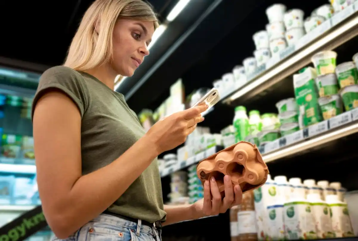 young dutch woman using grocery app at supermarket