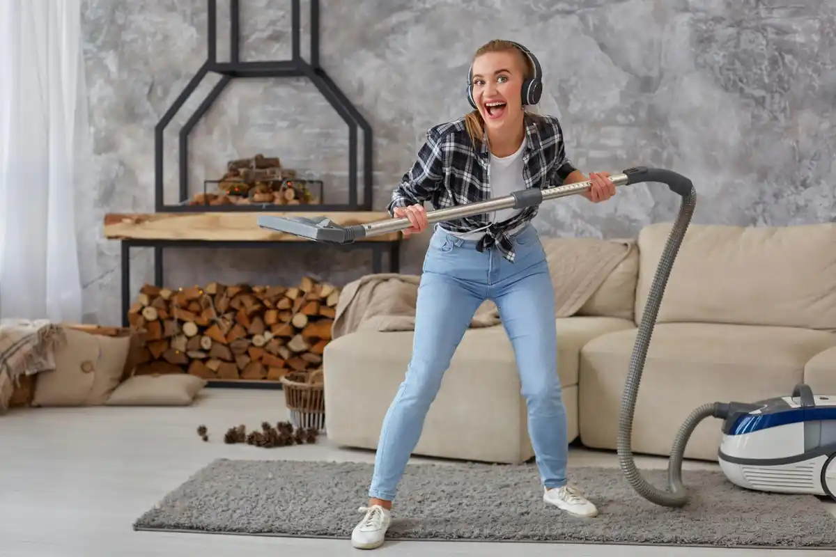 Dutch woman cleaning floor with steam cleaner