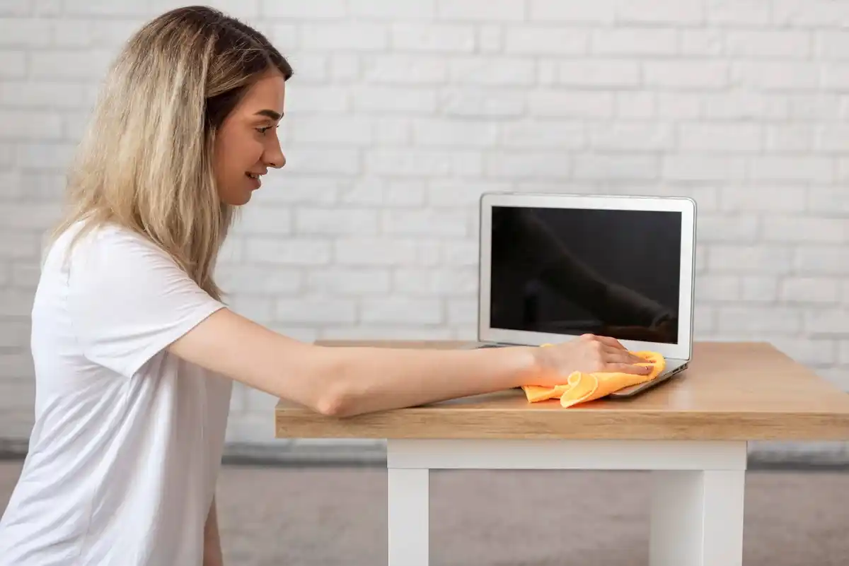 Cleaning laptop screen with coffee filter Dutch home