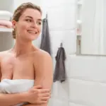 dutch woman natural curly hair close up bathroom