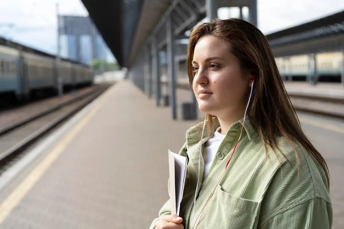 persoon herhaalt informatie voor zichzelf, treinstation Nederland, focus op leren