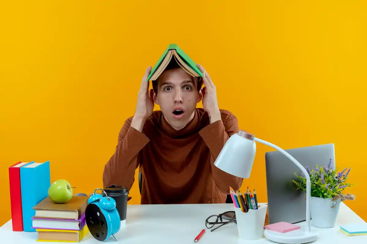 dutch student desk highlighters books stressed