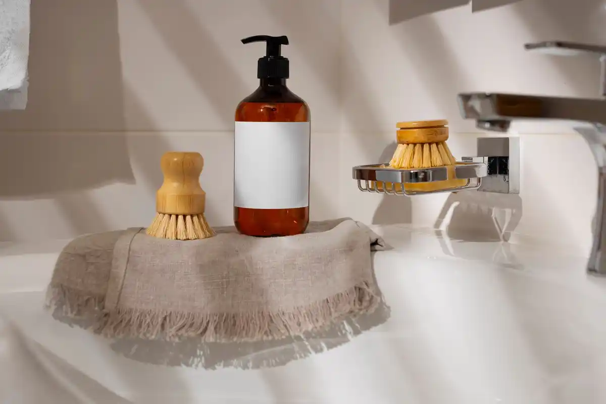 dutch hair products on bathroom shelf, natural light