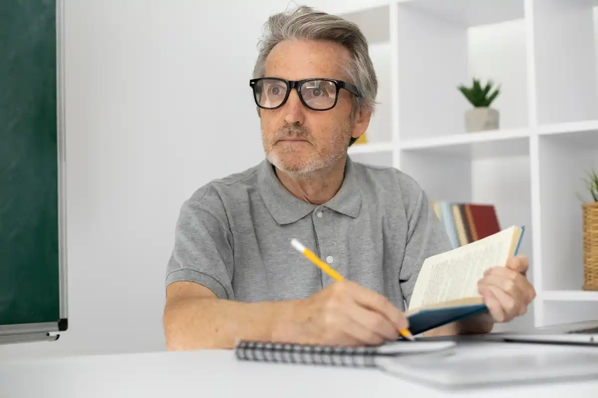 middle-aged person learning something new, Dutch setting