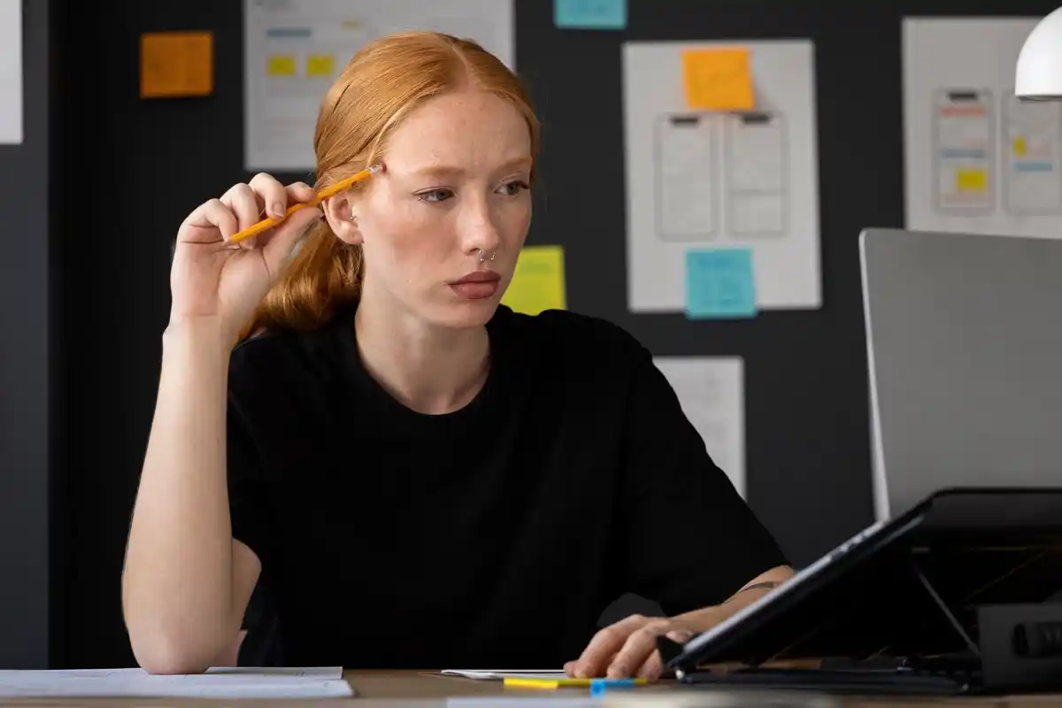 dutch office worker focusing on computer with distractions around