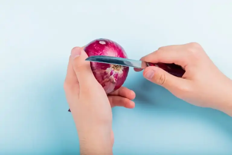 close up of cutting onion wrong versus right