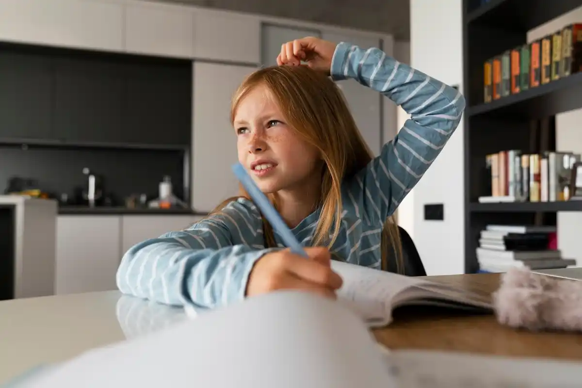 Dutch student using flashcards for exam study at home