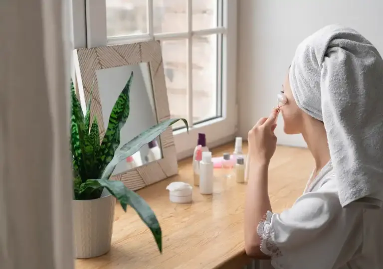 korean morning skincare routine real woman bathroom