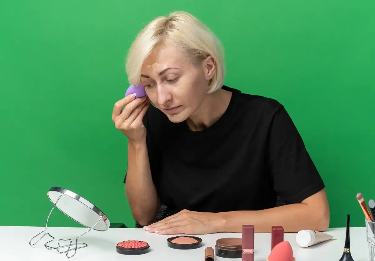 woman using old mascara wand to cover grey hair roots