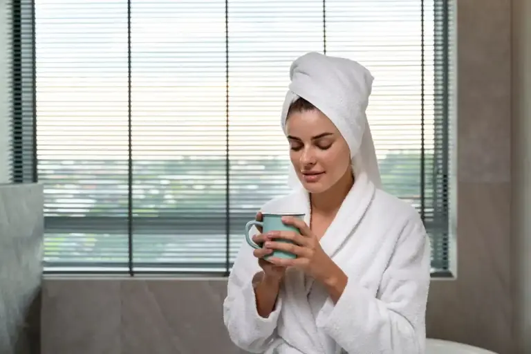 Dutch woman evening skincare clean fresh bathroom