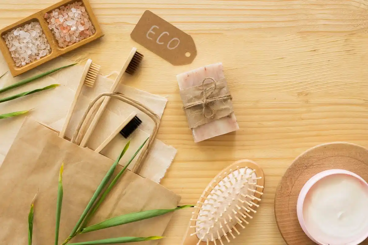 eco friendly travel toiletries flatlay
