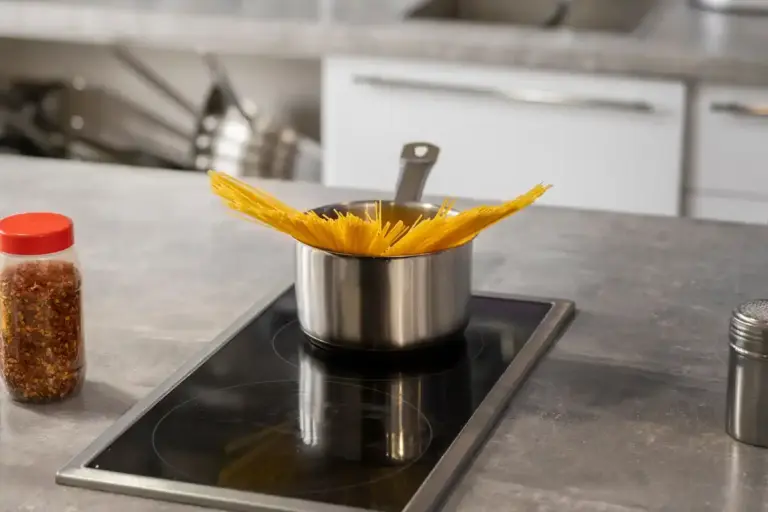 metal spoon in pot with boiling pasta kitchen hack