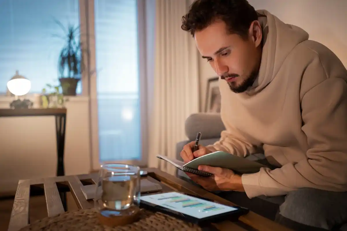 dutch man checking empty savings account bank statement