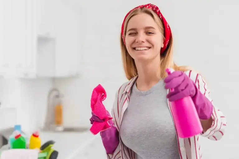 Dutch woman cleaning home smiling ergonomic