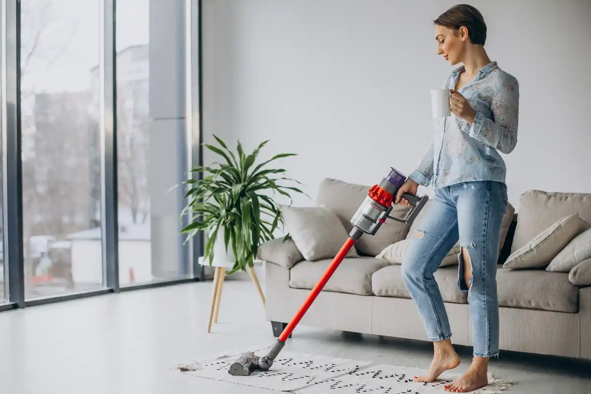 dutch woman vacuum living room modern home