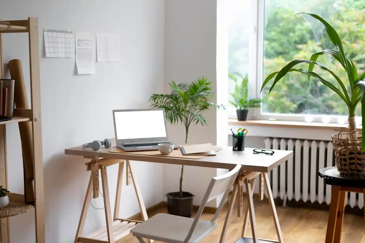 small minimalist workspace with desk facing doorway dutch apartment