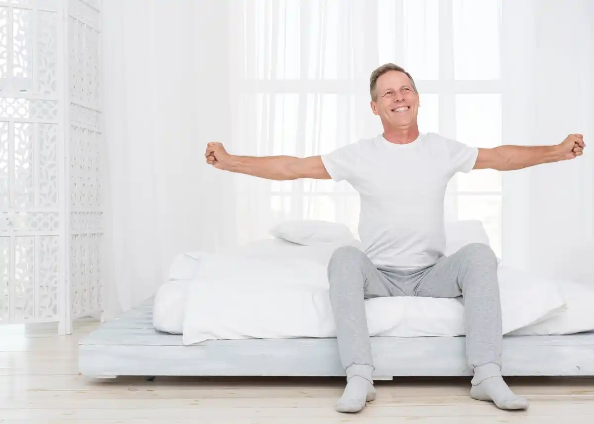 dutch man skipping morning stretching, modern bedroom, first coffee of the day