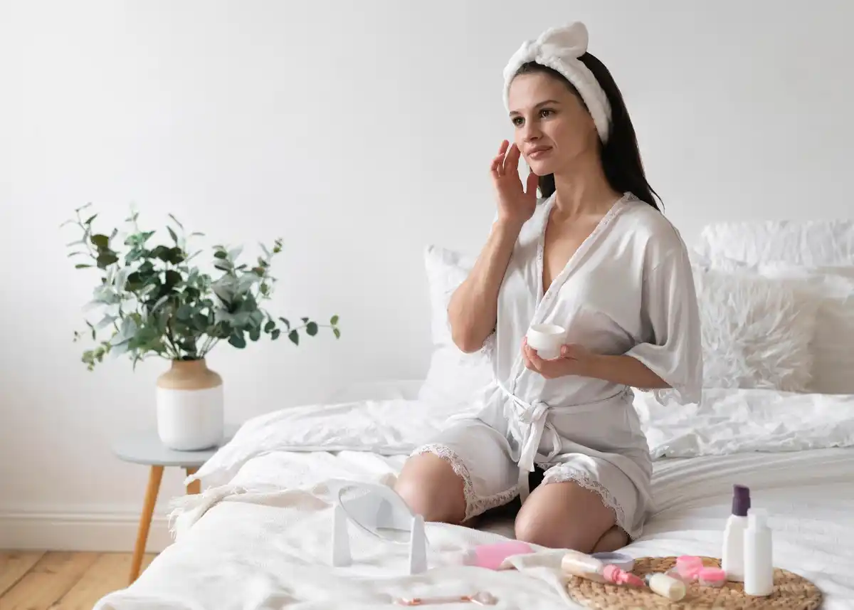 woman applying vaseline on face night routine dutch bedroom