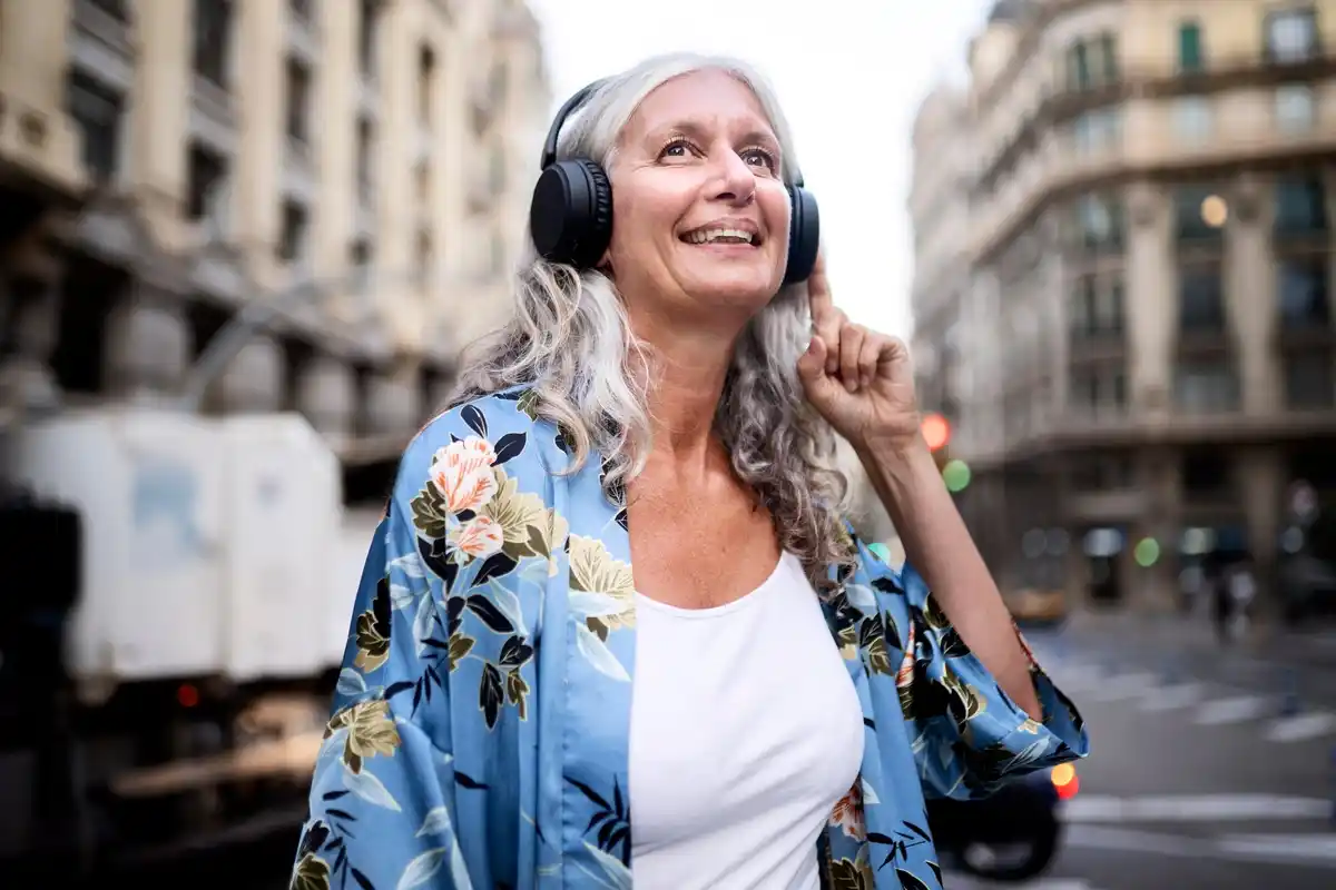 trendy over-ear headphones in urban setting Netherlands