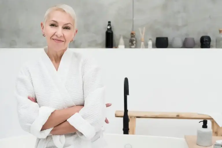 beautiful dutch woman skincare after 40 natural bathroom