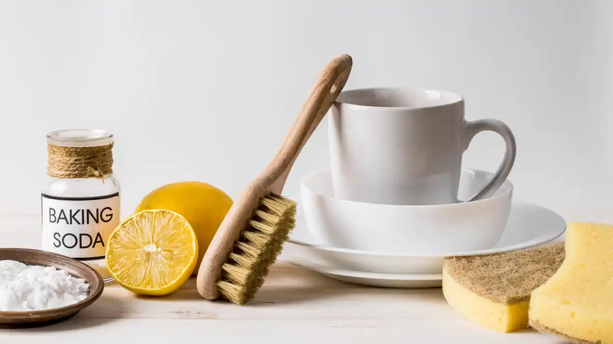 vintage cleaning products with soda and vinegar on dutch kitchen table