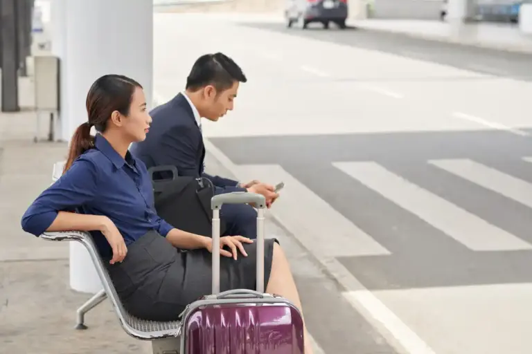 Japanese business traveler airport sunlight jetlag prevention