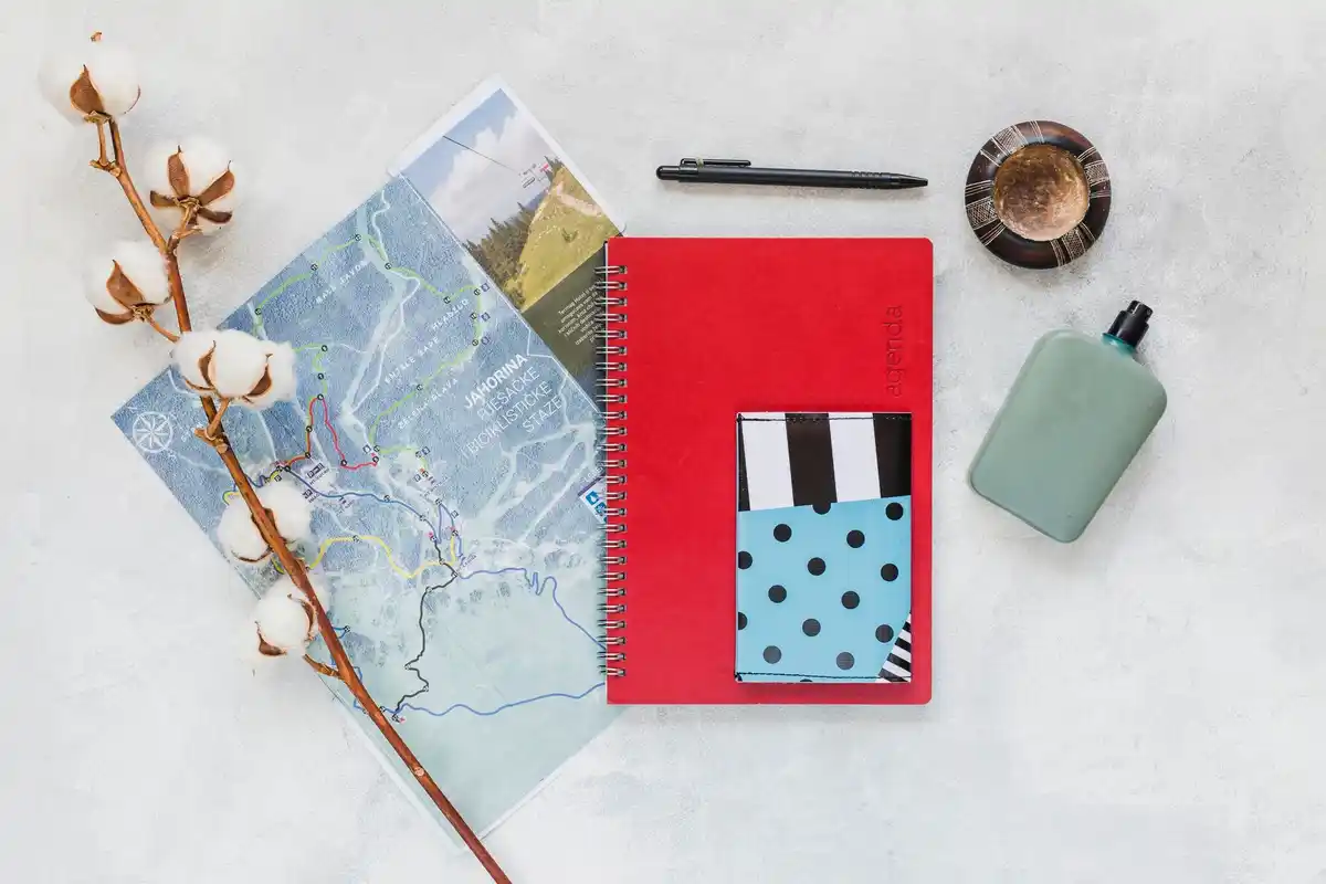 dutch paper planner on a messy wooden desk