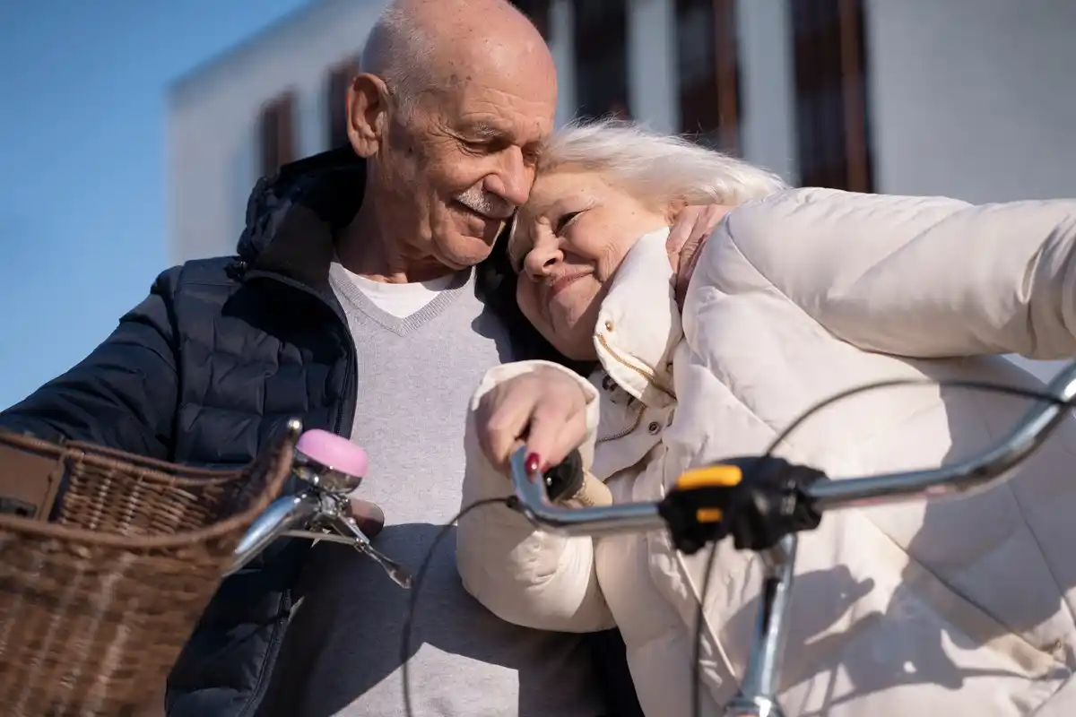dutch senior couple laughing together outdoors