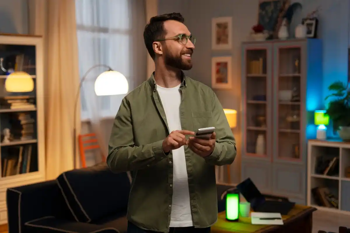 dutch man using finance app on phone in cozy home