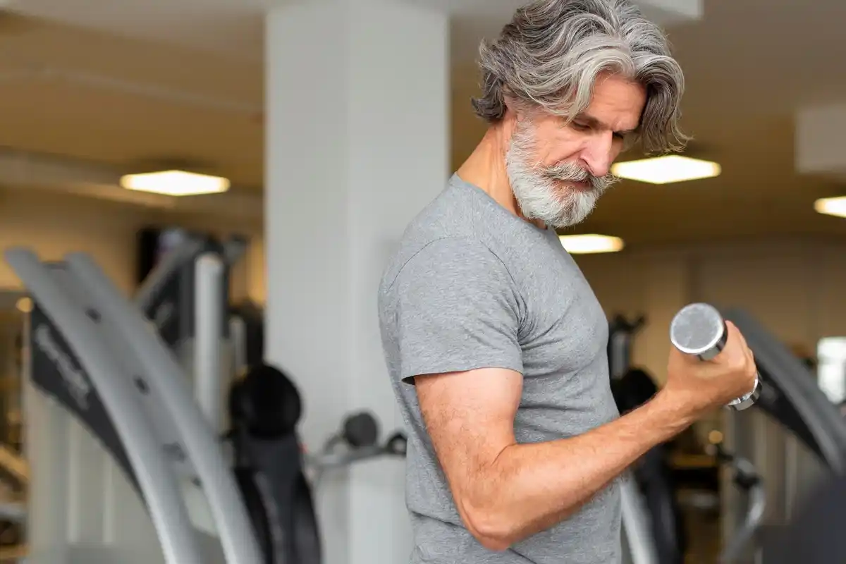 middle aged man dumbbell fitness gym realistic Netherlands
