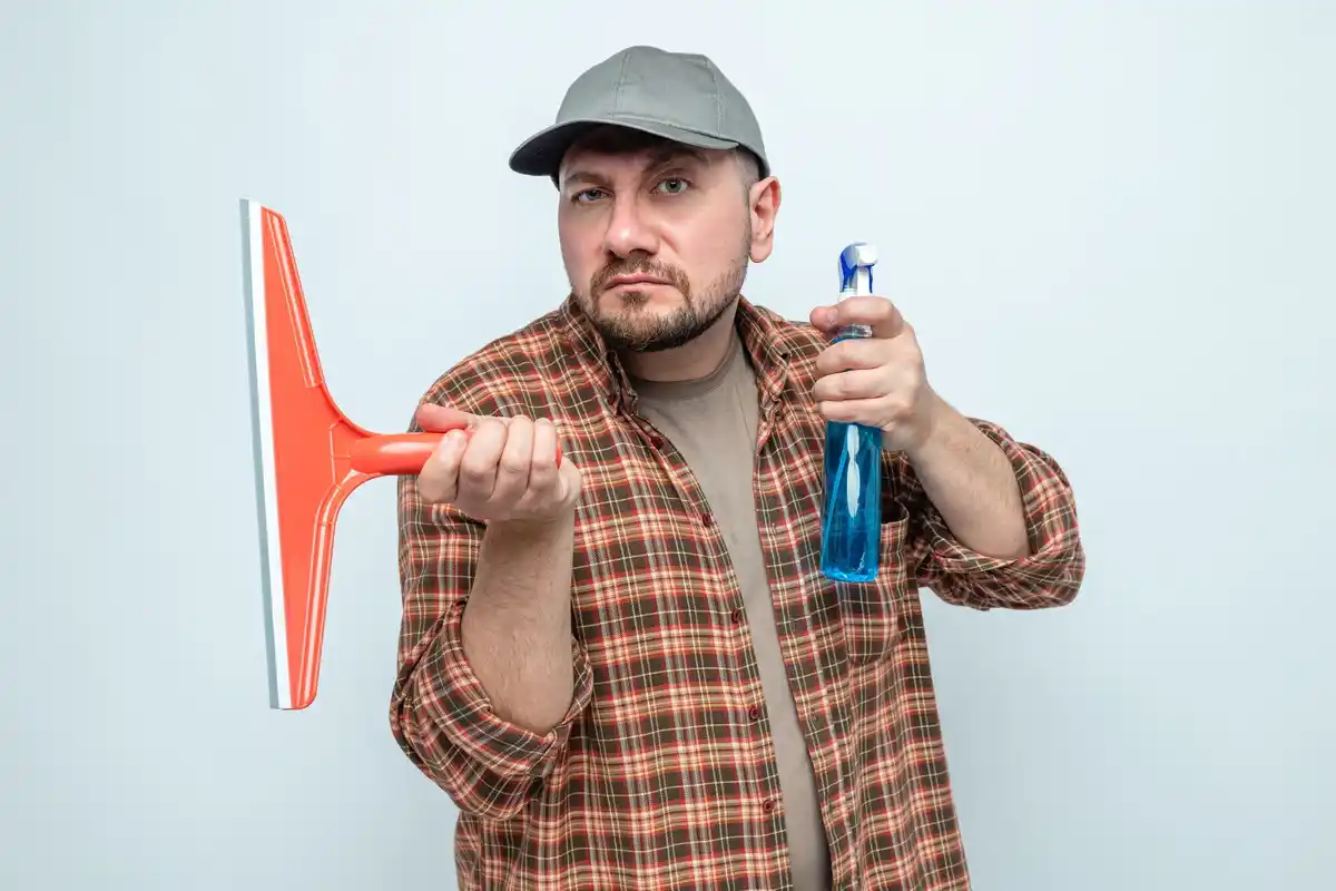 Dutch cleaner spraying cleaning solution letting it sit