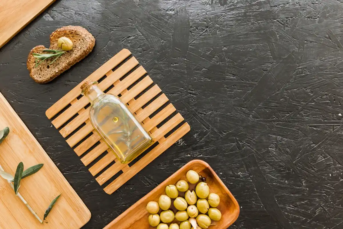 Olive oil bottle on Dutch kitchen table anti-aging