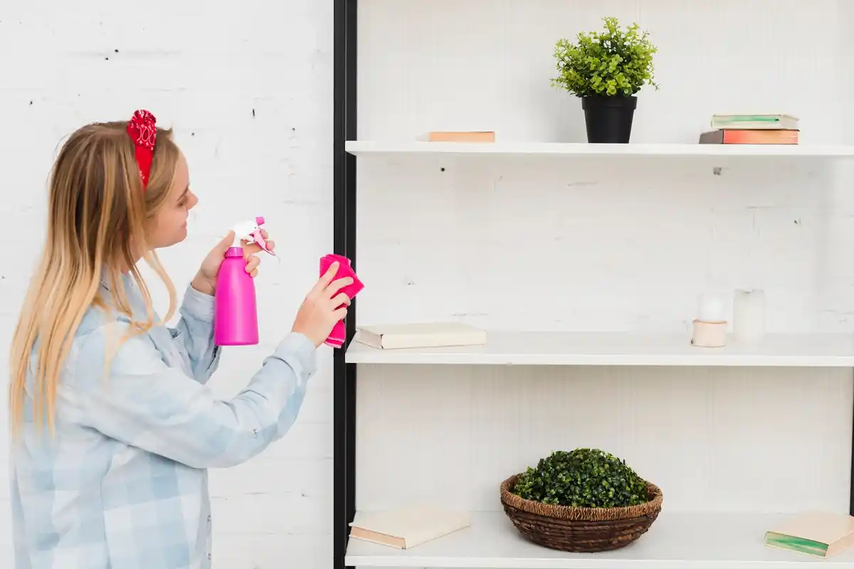Nederlandse vrouw spraysysteem schoonmaken houten vloer